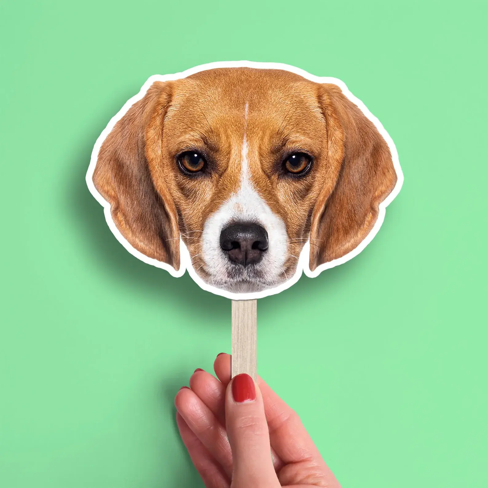 Dog face photo booth prop on a wooden stick